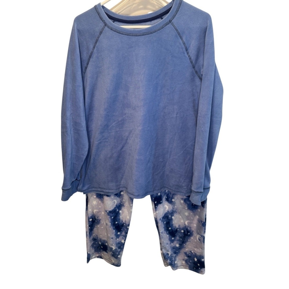Cuddl Duds Women Blue 2 Piece Pajama Set Celestial Moon Star Fleece M NEW